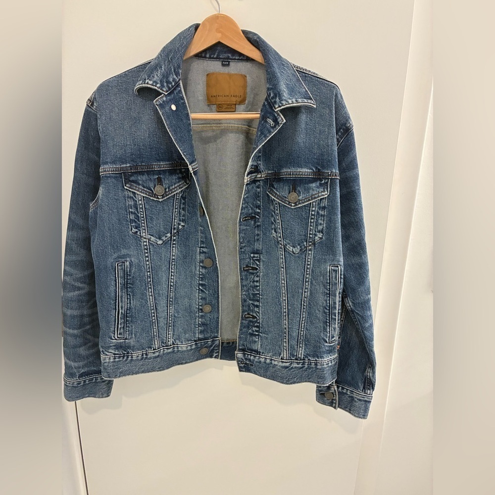 American Eagle lightly distressed Jean Jacket. Boyfriend fit.  NWOT.  AE Size S